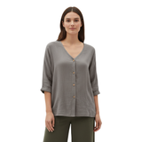 Blouse voor Vrouwen met V-hals, Knopen en 3/4 Mouwen van Linnen en Katoen