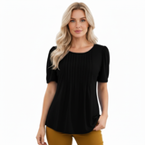 Korte Mouwen T-shirt voor Vrouwen met Uitlopende Ronde Hals en Plissé Details