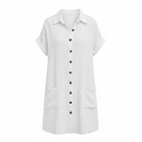 Jersey jurk voor dames, ruime snit, knie-lengte, V-hals met functionele zakken
