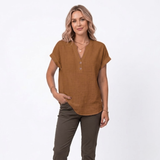 Katoenen en Linnen Blouse met V-hals en Korte Mouwen voor Vrouwen