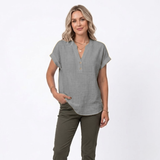 Katoenen en Linnen Blouse met V-hals en Korte Mouwen voor Vrouwen