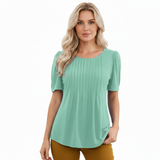 Korte Mouwen T-shirt voor Vrouwen met Uitlopende Ronde Hals en Plissé Details