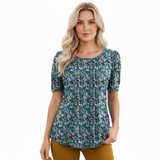 Korte Mouwen T-shirt voor Vrouwen met Uitlopende Ronde Hals en Plissé Details
