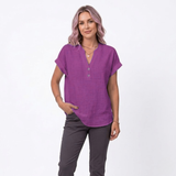 Katoenen en Linnen Blouse met V-hals en Korte Mouwen voor Vrouwen