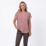 Katoenen en Linnen Blouse met V-hals en Korte Mouwen voor Vrouwen