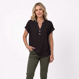 Katoenen en Linnen Blouse met V-hals en Korte Mouwen voor Vrouwen
