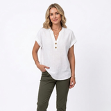 Katoenen en Linnen Blouse met V-hals en Korte Mouwen voor Vrouwen