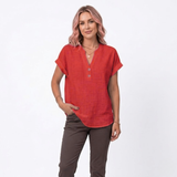 Katoenen en Linnen Blouse met V-hals en Korte Mouwen voor Vrouwen
