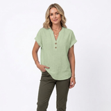 Katoenen en Linnen Blouse met V-hals en Korte Mouwen voor Vrouwen