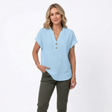 Katoenen en Linnen Blouse met V-hals en Korte Mouwen voor Vrouwen