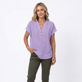 Katoenen en Linnen Blouse met V-hals en Korte Mouwen voor Vrouwen