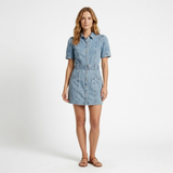 Korte Jean Jurk met Pofmouwen, Riem en Knopen voor Dames