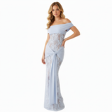 Lange Avondjurk met Off-Shoulder Kant en Drapé Taille