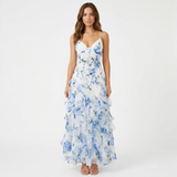 Lange Bloemenjurk met Volants en Corset-Bustier met Fijne Bandjes