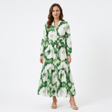 Maxi Lange Vloeiende Jurk met Bloemenprint en V-hals en Lange Bubbelsleeves