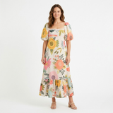 Maxi Jurk met Bloemenprint en Vierkante Halslijn en Ballonmouwen voor Dames