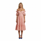 Katoenen Sangallo Midi-jurk met Off-Shoulder en Hartvormige Halslijn