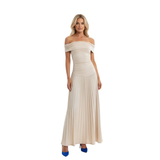 Lang Plissé Jurk met Off-Shoulder en Open Rug voor Vrouwen