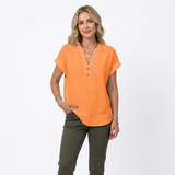 Katoenen en Linnen Blouse met V-hals en Korte Mouwen voor Vrouwen