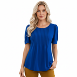 Korte Mouwen T-shirt voor Vrouwen met Uitlopende Ronde Hals en Plissé Details