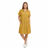 Jersey jurk voor dames, ruime snit, knie-lengte, V-hals met functionele zakken