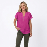 Katoenen en Linnen Blouse met V-hals en Korte Mouwen voor Vrouwen
