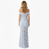 Lange Avondjurk met Off-Shoulder Kant en Drapé Taille
