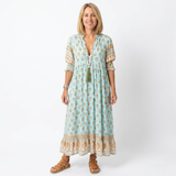 Boho Midi Jurk voor Vrouwen met Bloemenprint, V-hals en Lanternen Mouwen