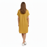 Jersey jurk voor dames, ruime snit, knie-lengte, V-hals met functionele zakken