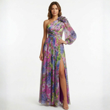 Asymmetrische Lange Avondjurk met Bloemenprint en Mousseline Mouw