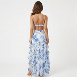 Lange Bloemenjurk met Volants en Corset-Bustier met Fijne Bandjes