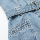 Korte Jean Jurk met Pofmouwen, Riem en Knopen voor Dames