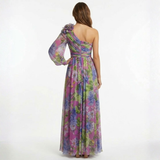 Asymmetrische Lange Avondjurk met Bloemenprint en Mousseline Mouw