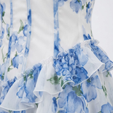 Lange Bloemenjurk met Volants en Corset-Bustier met Fijne Bandjes
