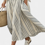 Aurora – comfortabele blouse en gestreepte midi-jurk