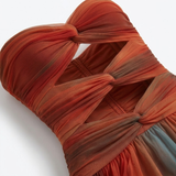 Lang A-lijn Jurk met Off-Shoulder en Geperforeerde Details en Verloopprint