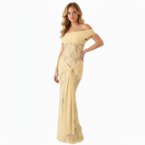 Lange Avondjurk met Off-Shoulder Kant en Drapé Taille