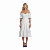 Katoenen Sangallo Midi-jurk met Off-Shoulder en Hartvormige Halslijn