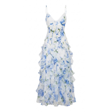 Lange Bloemenjurk met Volants en Corset-Bustier met Fijne Bandjes