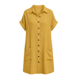 Jersey jurk voor dames, ruime snit, knie-lengte, V-hals met functionele zakken