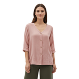 Blouse voor Vrouwen met V-hals, Knopen en 3/4 Mouwen van Linnen en Katoen