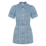 Korte Jean Jurk met Pofmouwen, Riem en Knopen voor Dames