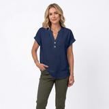Katoenen en Linnen Blouse met V-hals en Korte Mouwen voor Vrouwen