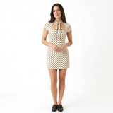 Korte Polkadot Jurk met Off-Shoulder Schouders en Voorzijde Vetersluiting voor Vrouwen