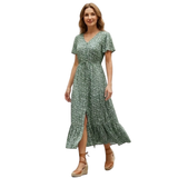 Maxi Jurk van Katoen met Bloemenprint en V-Hals met Knopen voor Dames