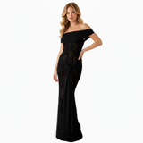 Lange Avondjurk met Off-Shoulder Kant en Drapé Taille