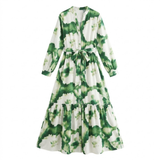 Maxi Lange Vloeiende Jurk met Bloemenprint en V-hals en Lange Bubbelsleeves