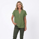 Katoenen en Linnen Blouse met V-hals en Korte Mouwen voor Vrouwen