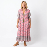 Boho Midi Jurk voor Vrouwen met Bloemenprint, V-hals en Lanternen Mouwen