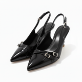 Slingback Pumps met Puntige Neus van Glanzend Synthetisch Leer met Bandjes voor Dames